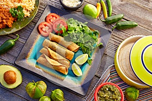 Mexican flautas rolled tacos with salsa