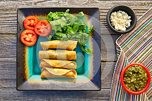 Mexican flautas rolled tacos with salsa