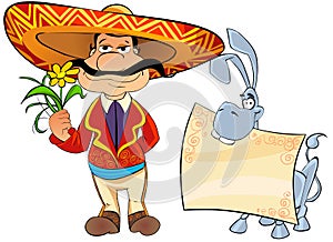 Mexican with a flower and a donkey.