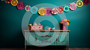 Mexican Flower Party Decoration On Turquoise Blue Cabinet