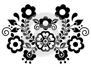 Mexican folk art embroidery style vector pattern with flowers, black and white greeting card pattern inspired by folk art from Mex