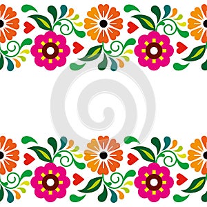 Mexican folk art style vector floral design, retro colorful greeting card and seamless pattern inspired by embroidery from Mexico