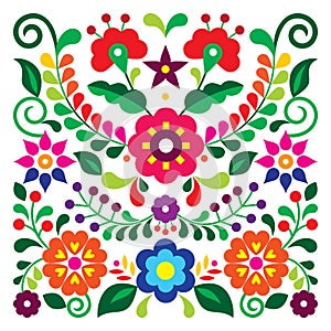 Mexican folk art style vector floral greeting card square design, retro vibrant pattern inspired by traditional embroidery from Me