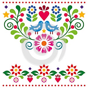 Mexican folk art style vector greeting card or wedding invitation design with flowers and two birds