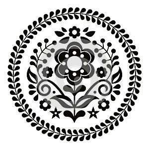 Mexican folk art style vector mandala pattern with flowers , black design inspired by traditional embroidery designs from Mexico