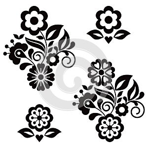 Mexican folk art style vector pattern set with flowers leaves and heart, black and white greeting card on invitation design elemen