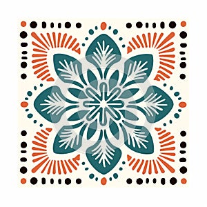 Mexican Folklore-inspired Stencil Art Tile With Ornate Orange And Green Design photo