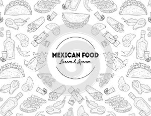 Mexican Food Banner Template with Hand Drawn Pattern, Restaurant or Cafe Menu Design Element Vector Illustration