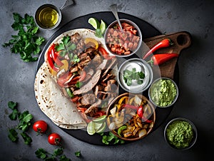 mexican food, beef and chicken fajitas with mexican sauces seen from above, mexican restaurant, typical dish, created with AI