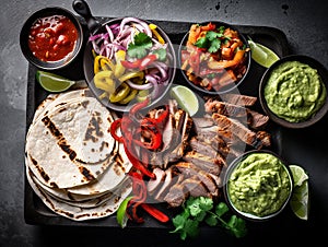 mexican food, beef and chicken fajitas with mexican sauces seen from above, mexican restaurant, typical dish, created with AI