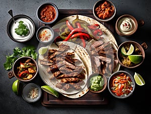 mexican food, beef and chicken fajitas with mexican sauces seen from above, mexican restaurant, typical dish, created with AI