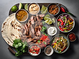 mexican food, beef and chicken fajitas with mexican sauces seen from above, mexican restaurant, typical dish, created with AI