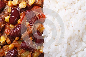 Mexican food is chili con carne and rice macro horizontal