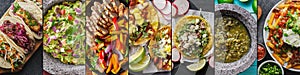 Mexican food collage with tacos, carne asada fries and chicken fajitas