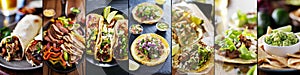 Mexican food collage with tacos, fajitas and burritos