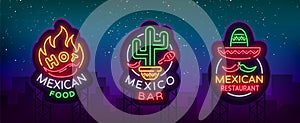 Mexican food is a collection of neon signs. Bright glow sign, neon banner, luminous logo, symbol, nightly advertisement