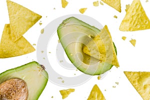 Mexican food concept, guacamole and nachos snack, avocado and to