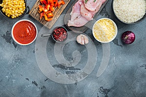 Mexican food. Cuisine of South America. Traditional ingredients, on gray background, top view flat lay with copy space for text