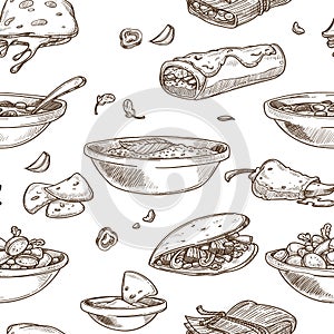 Mexican food cuisine traditional dishes sketch icon for restaurant menu seamless pattern.