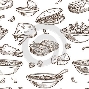Mexican food cuisine traditional dishes sketch icon for restaurant menu seamless pattern.