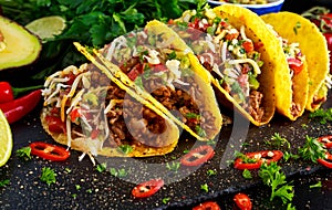 Mexican food - delicious taco shells with ground beef and home made salsa