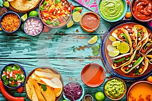 Mexican food display with tacos and guacamole.
