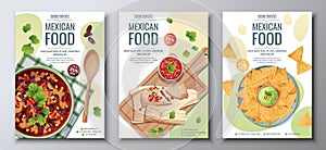 Mexican food flyer set on a green background. Tamales, nachos and bean soup. Banner, menu, poster, advertisement of traditional