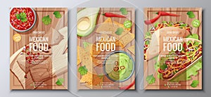 Mexican food flyer set on wooden background. Tamales, nachos, tacos. Banner, menu, poster, advertisement of traditional