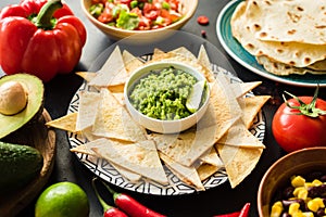 Mexican food Guacamole Nachos Tortilla chips salsa and beans