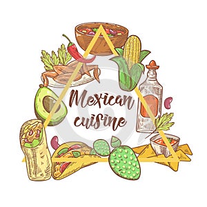 Mexican Food Hand Drawn Doodle. Mexico Traditional Cuisine Design