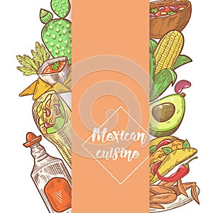 Mexican Food Hand Drawn Doodle. Mexico Traditional Cuisine Menu Design