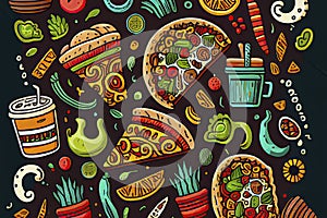 Mexican Food hand drawn doodles seamless pattern. Ethnic Cuisine background