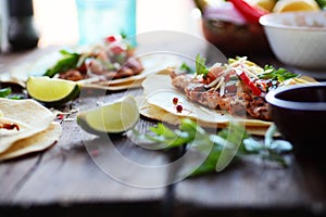 Mexican Food Homemade Tortillas Tacos with Pico de Gallo Grilled Chicken and Avocado