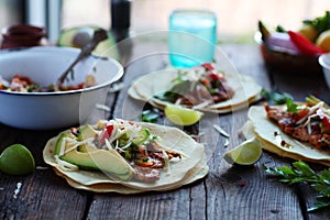 Mexican Food Homemade Tortillas Tacos with Pico de Gallo Grilled Chicken and Avocado photo