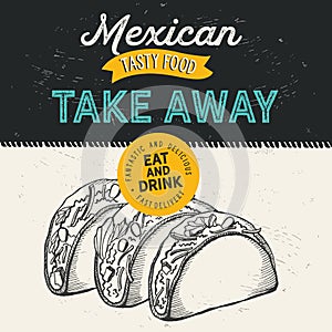 Mexican food illustrations - burrito, tacos, quesadilla for restaurant.