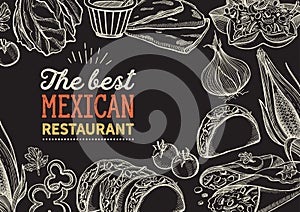 Mexican food illustrations - burrito, tacos, quesadilla for restaurant.