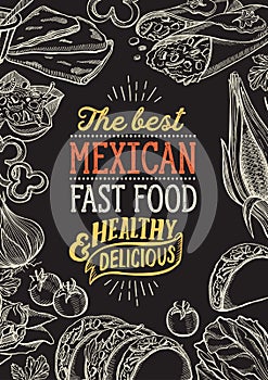 Mexican food illustrations - burrito, tacos, quesadilla for restaurant. photo