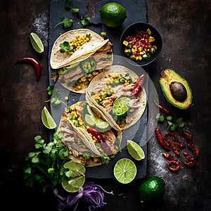 Mexican food image. With tacos, avocado and lime.