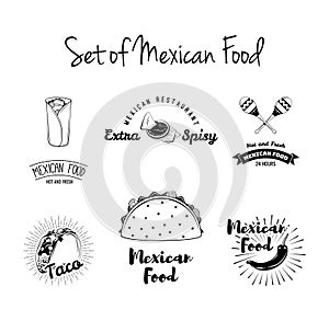 Mexican food logo, labels, emblems. Tacos, burrito, nachos, maracas. Vector illustration.