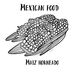 Mexican food Maiz horneado. Hand drawn black and white vector illustration in doodle style photo