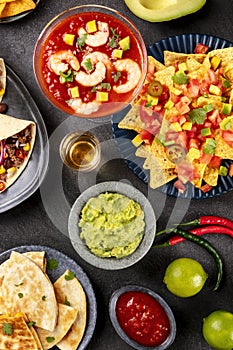 Mexican food, many dishes of the cuisine of Mexico, flatlay, top shot photo