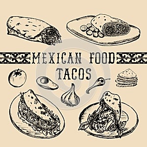 Mexican food menu in vector. Burritos, nachos, tacos illustrations. Hipster snack bar, fast-food restaurant icons.