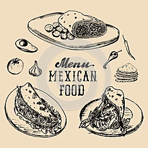 Mexican food menu in vector. Burritos, nachos, tacos illustrations. Hipster snack bar, fast-food restaurant icons.