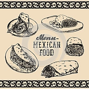 Mexican food menu in vector. Burritos, nachos, tacos illustrations. Hipster snack bar, fast-food restaurant icons.