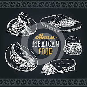 Mexican food menu in vector. Burritos, nachos, tacos illustrations. Hipster snack bar, fast-food restaurant icons.