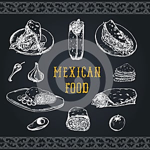 Mexican food menu in vector. Burritos, nachos, tacos illustrations. Hipster snack bar, fast-food restaurant icons.