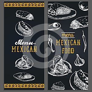 Mexican food menu in vector. Burritos, nachos, tacos illustrations. Hipster snack bar, fast-food restaurant icons.