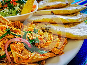 Mexican food mix colorful background, guacamole, cochinita pibil, flautas and quesadilla.