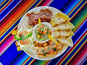 Mexican food mix colorful background, guacamole, cochinita pibil, flautas and quesadilla.