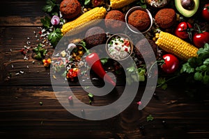 Mexican food mix copyspace frame colorful background high angle shot lunch nuggets vegetables